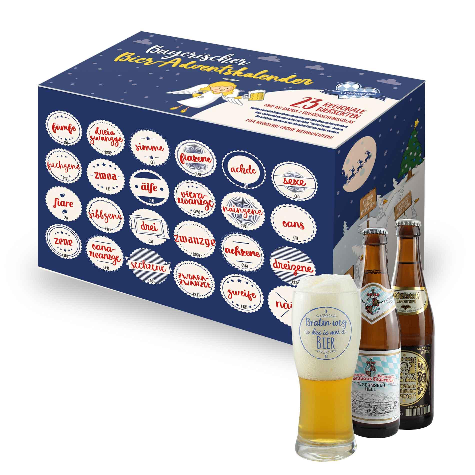 Bier Adventskalender mit 23 verschiedenen bayerischen Bieren und einem Verkostungsglas im Karton mit Hirschmotiv.