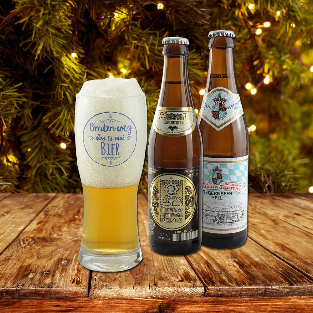 Bier-Adventskalender mit 23 regionalen Biersorten aus Bayern und einem Glas, in blauer Box mit bayerischem Muster.