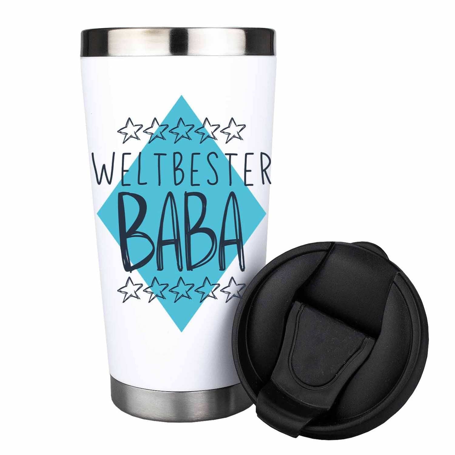 Weißer Edelstahl-Thermo-Becher Weltbester Baba mit blauer Raute, Sternen und schwarzem Deckel, isoliert