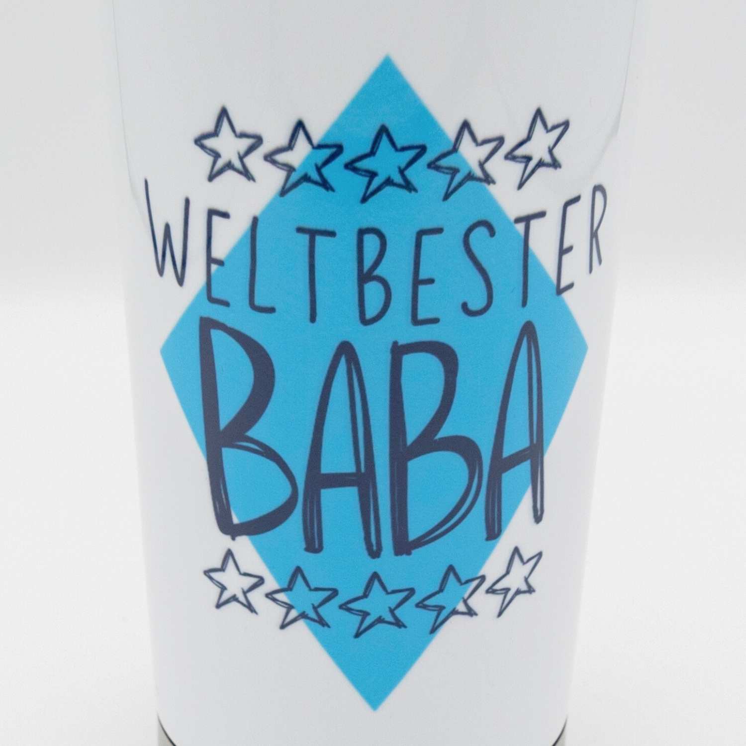 Weißer Thermo-Becher Weltbester Baba mit blauer Raute und Sternen, ideales Vatertagsgeschenk.