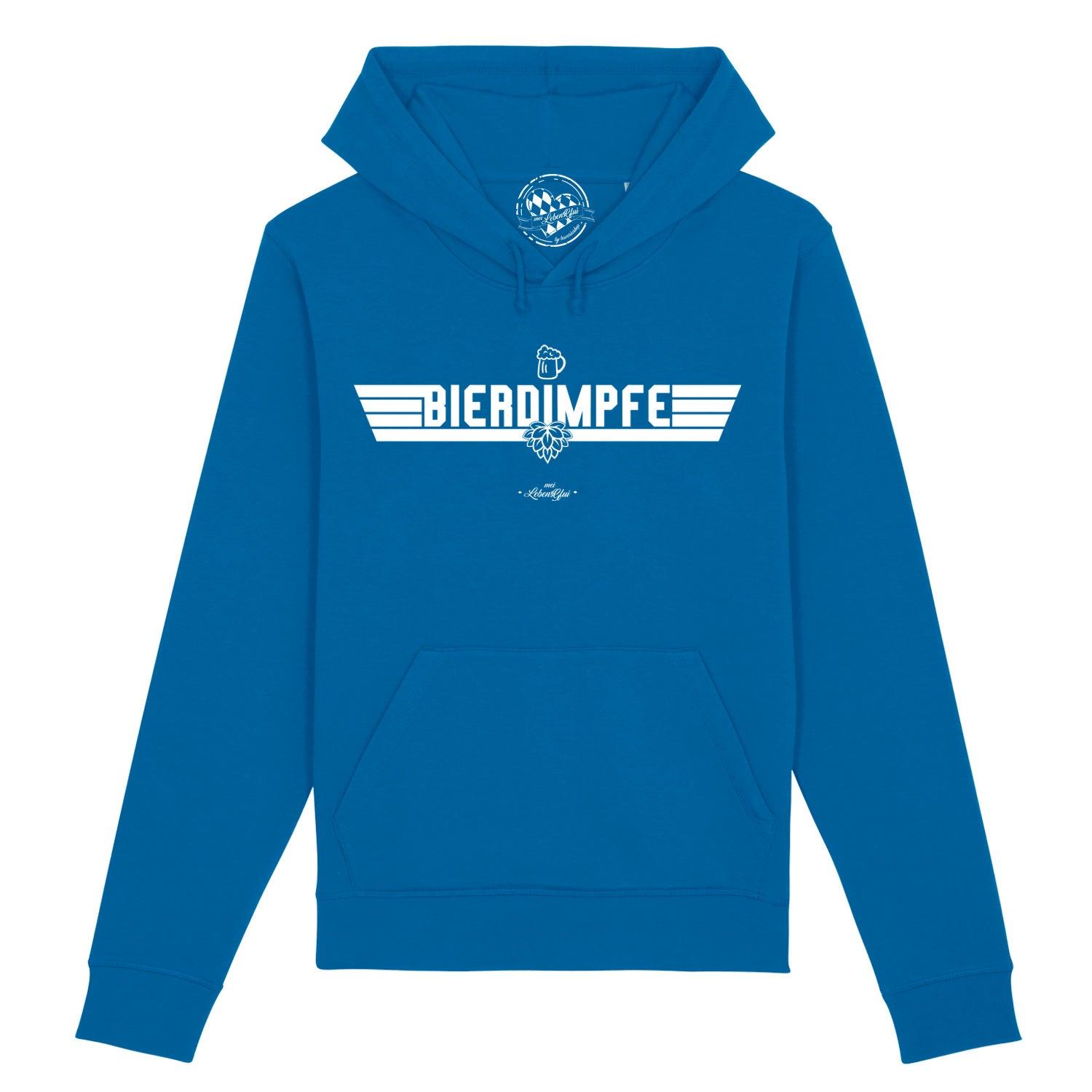 Blauer Herren Hoodie Bierdimpfe mit weißem Aufdruck aus Bierkrug, Hopfen und Flügeln, in Frontansicht.
