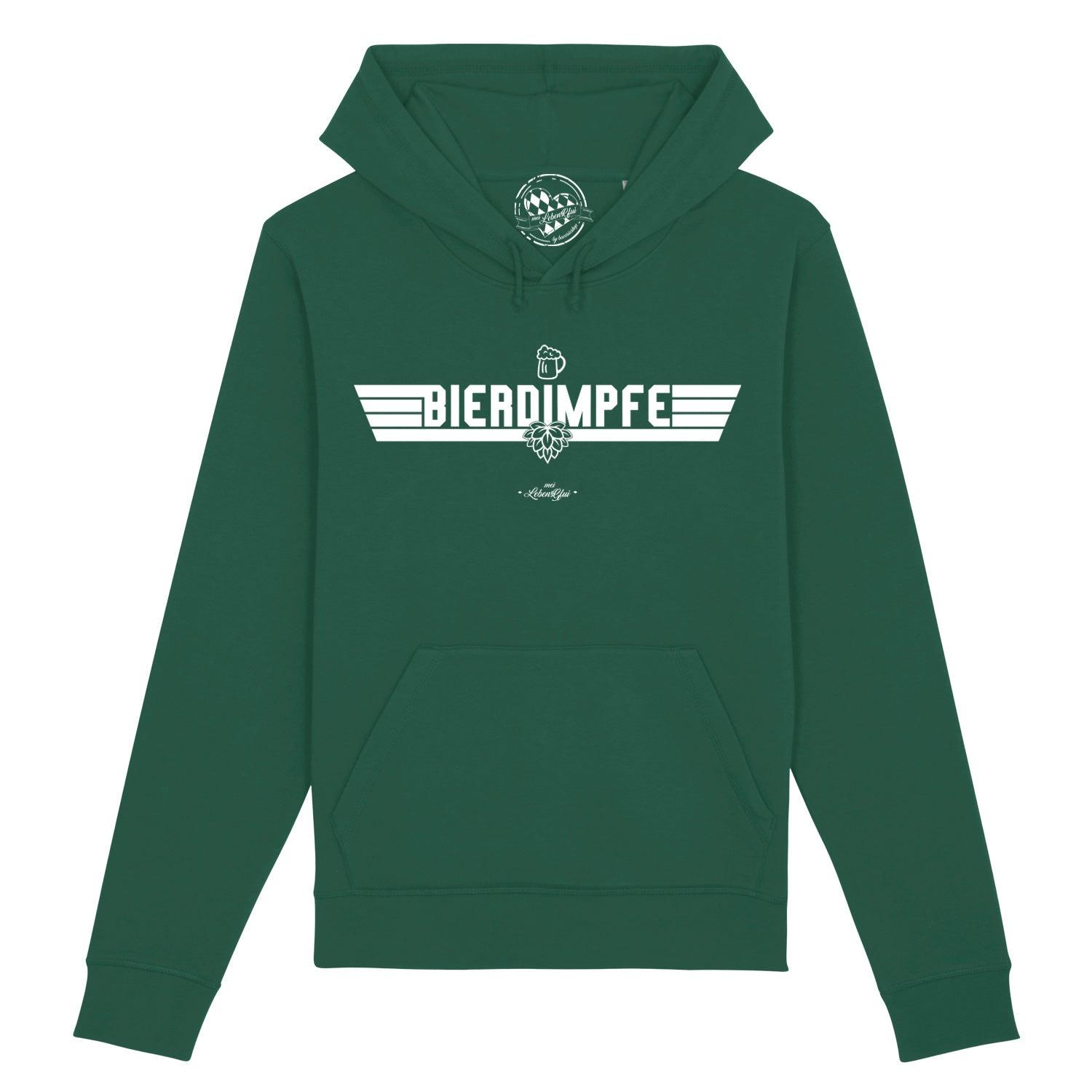 Dunkelgrüner Herren Hoodie "Bierdimpfe" mit weißem Bierkrug-Motiv und Hopfen-Detail.