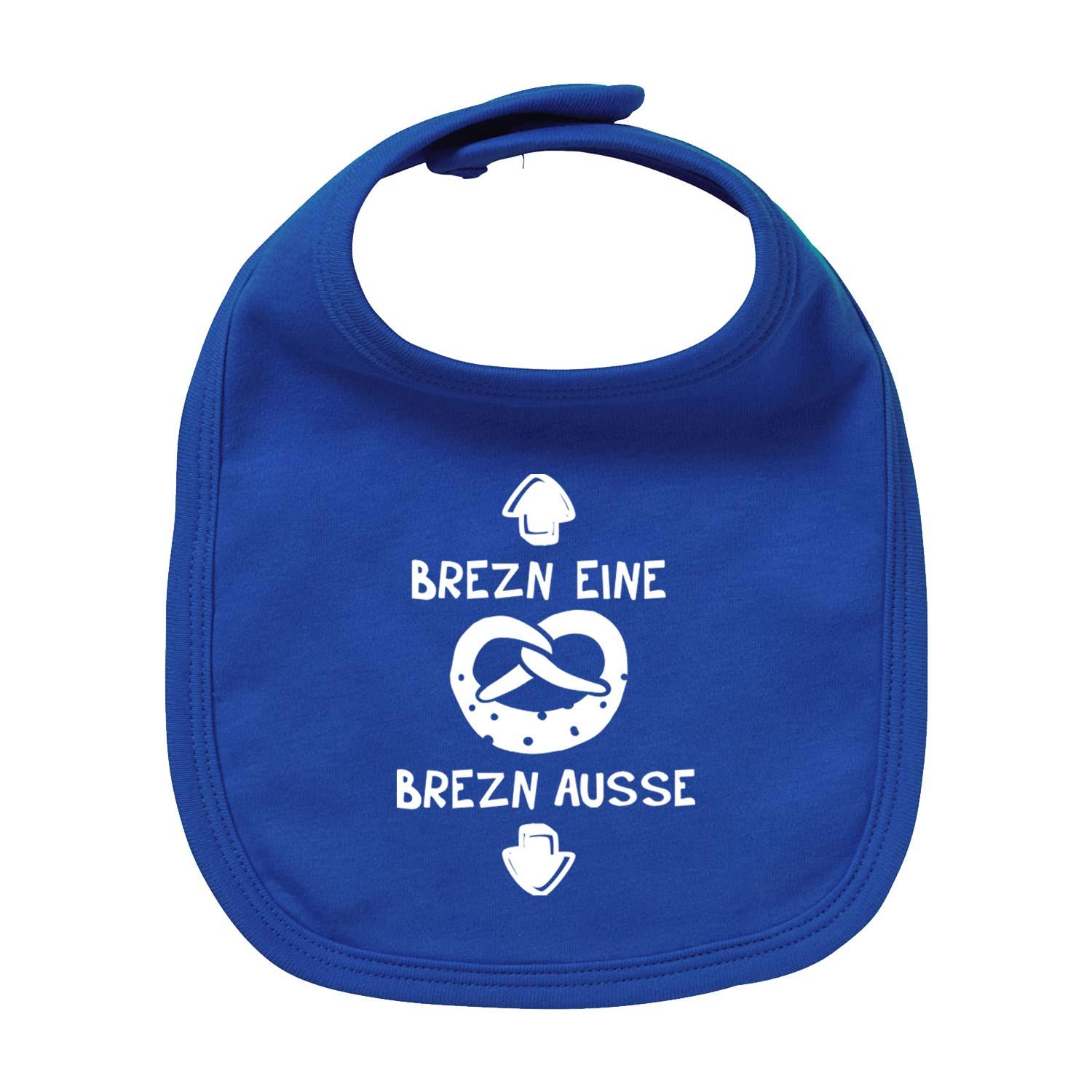 Dunkelblaues Baby-Lätzchen Brezn mit weißem Brezel-Motiv und lustigem Spruch in Weiß.