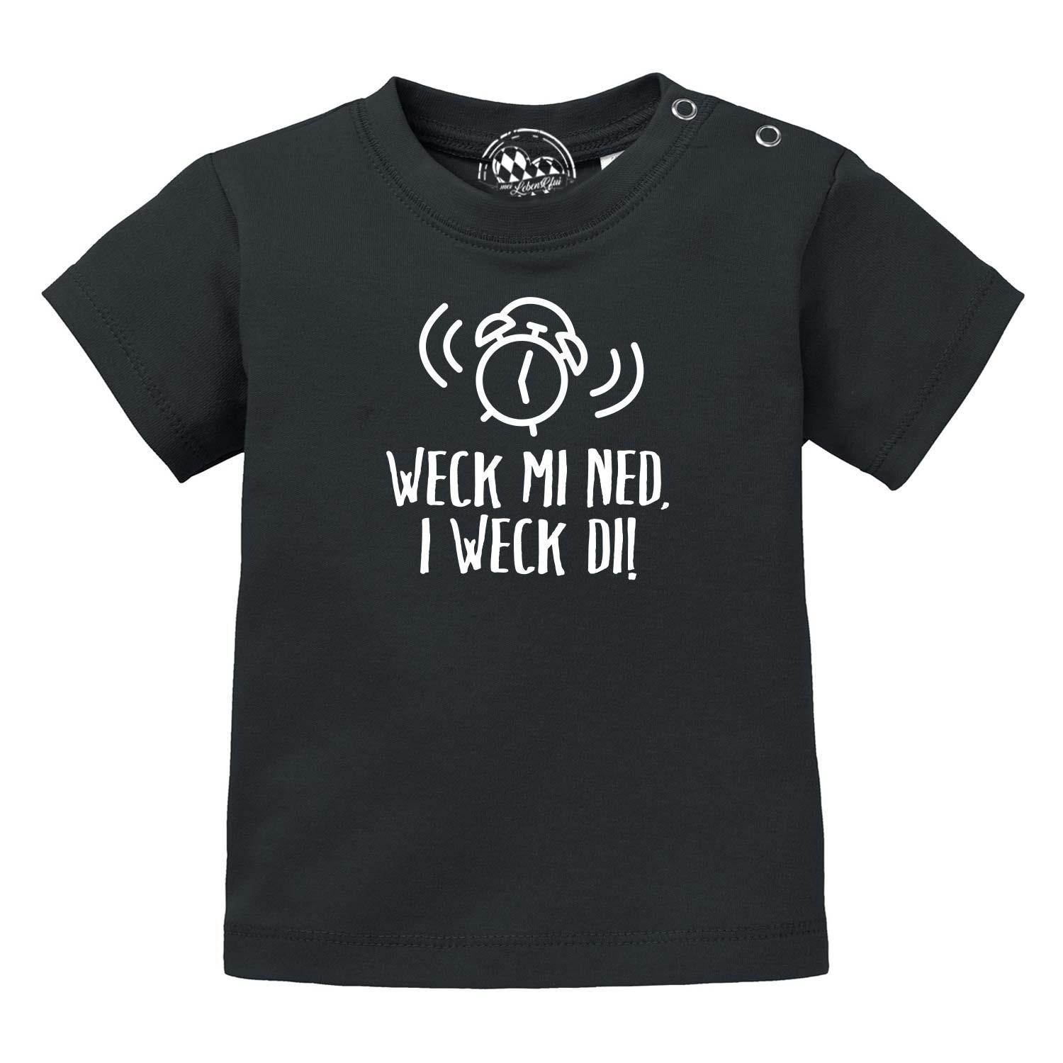 Schwarzes Baby T-Shirt "I weck di!" mit lustigem Wecker-Motiv und Text für Kleinkinder, weiche Baumwolle.