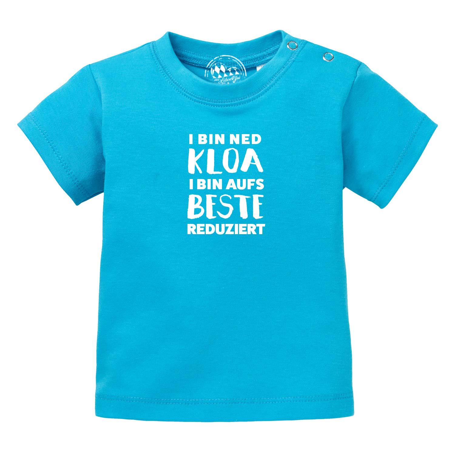 Türkises Baby T-Shirt "aufs Beste reduziert" mit weißem Spruch und Druckknöpfen an der Schulter.