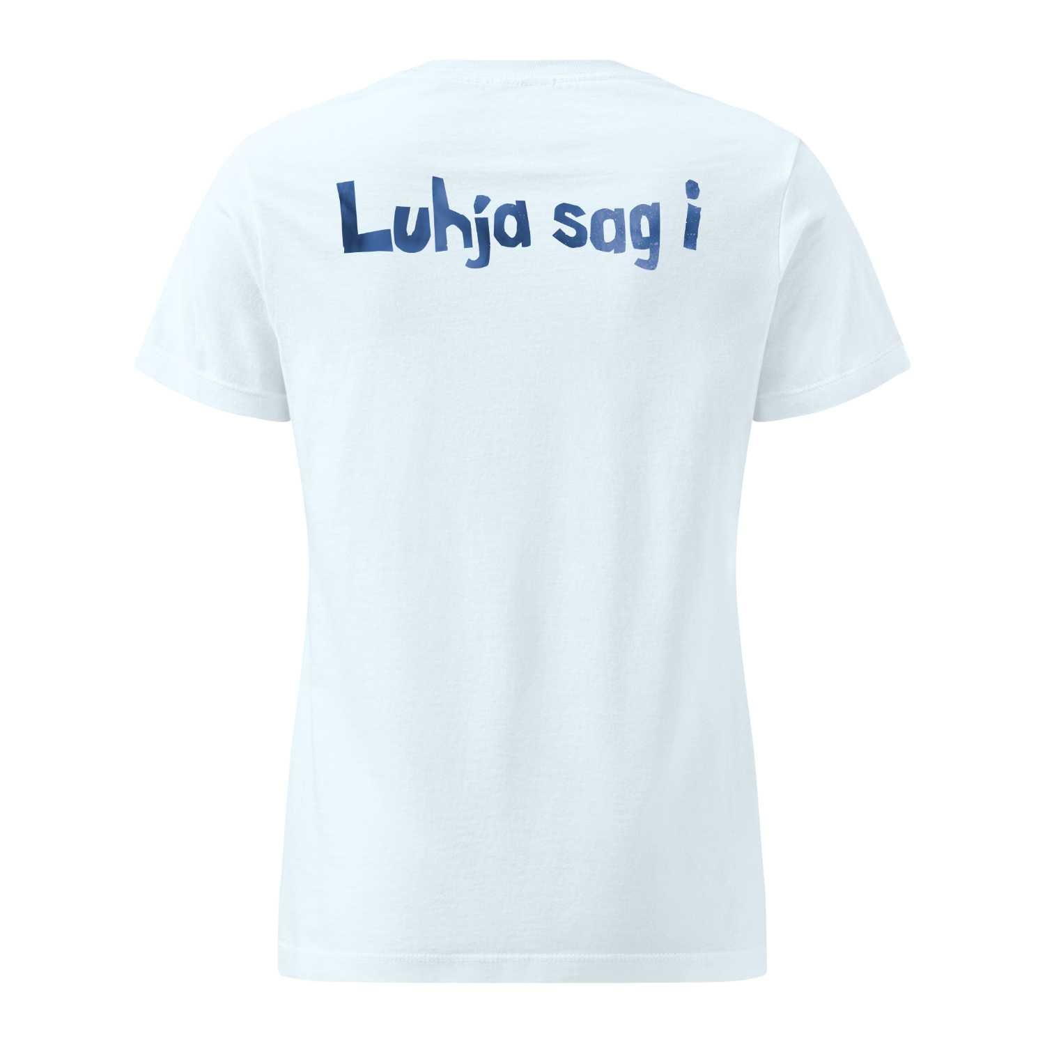 Rückenansicht des Engel Aloisius Damen T-Shirt "A Bier sag i" mit blauem Schriftzug "Luhja sag i".