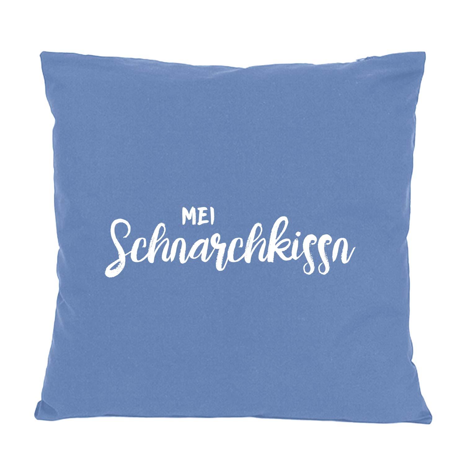Blaues Kissen Mei Schnarchkissn mit weißem, kalligrafischem Aufdruck als charmantes Deko-Element