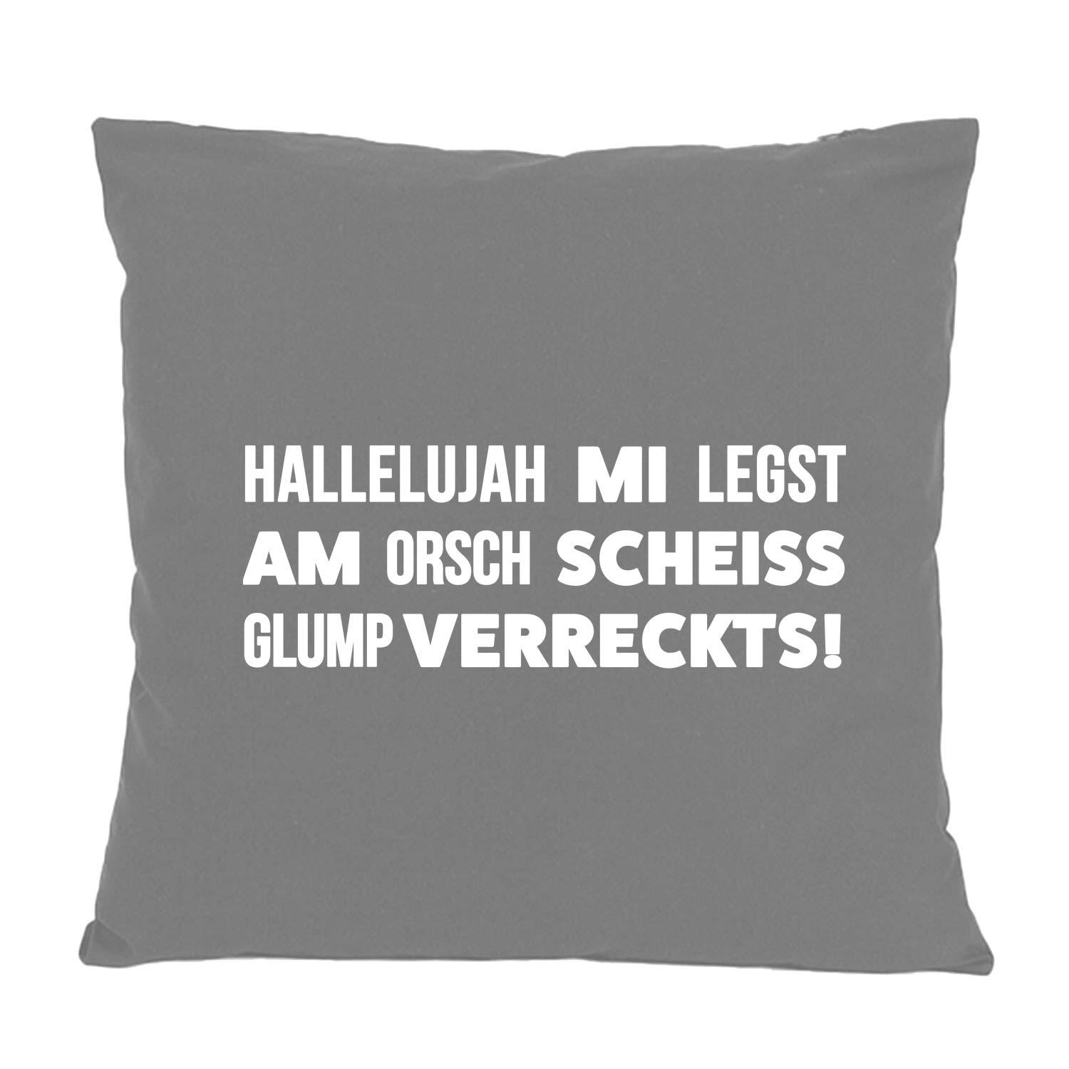 Graues Kissen Hallelujah mi legst am, bedruckt mit weißem bayerischem Spruch für Sofa oder Bett.