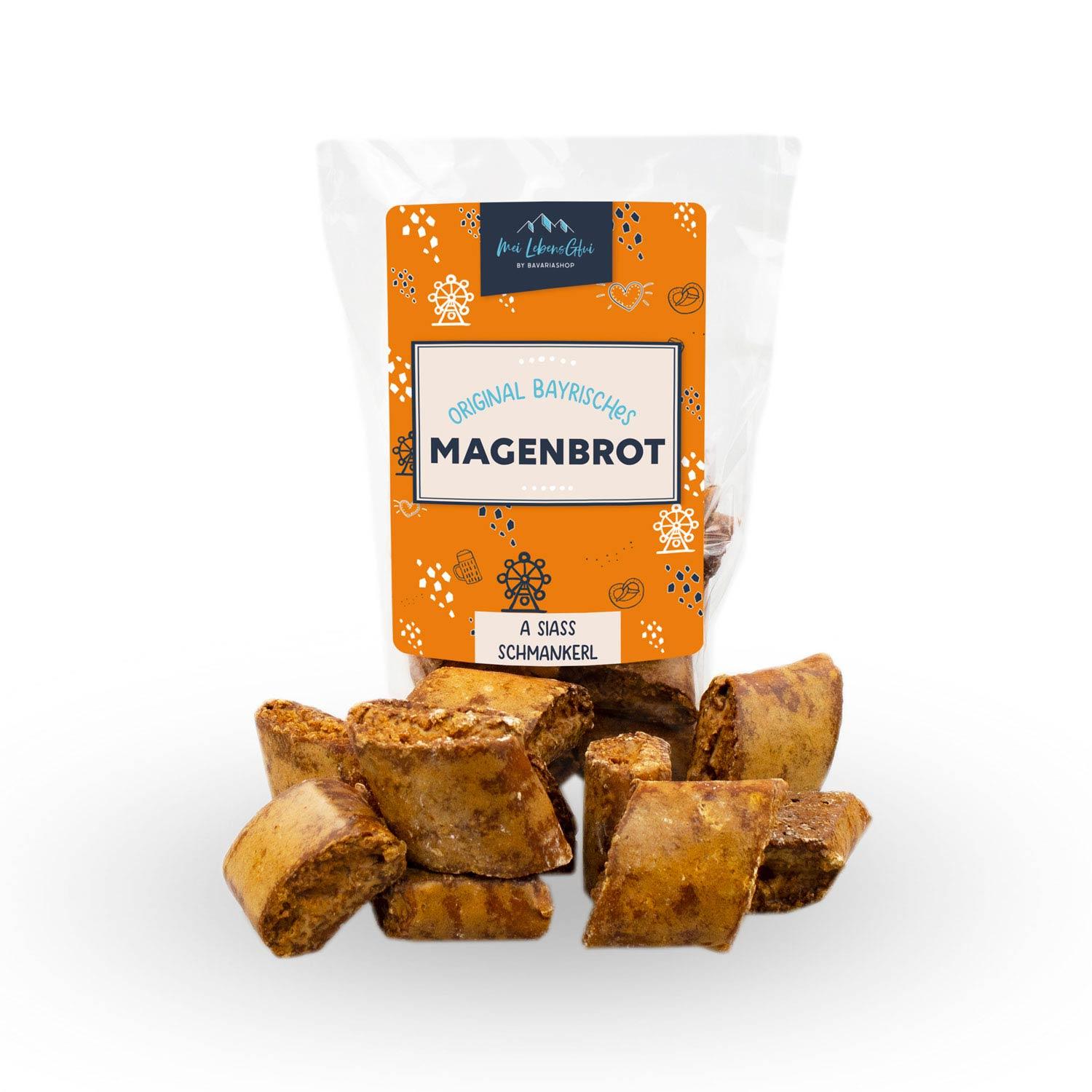 Dunkelbraune, rautenförmige Stücke Bayerisches Magenbrot mit dünner Zuckerglasur, Inhalt: 200 Gramm.