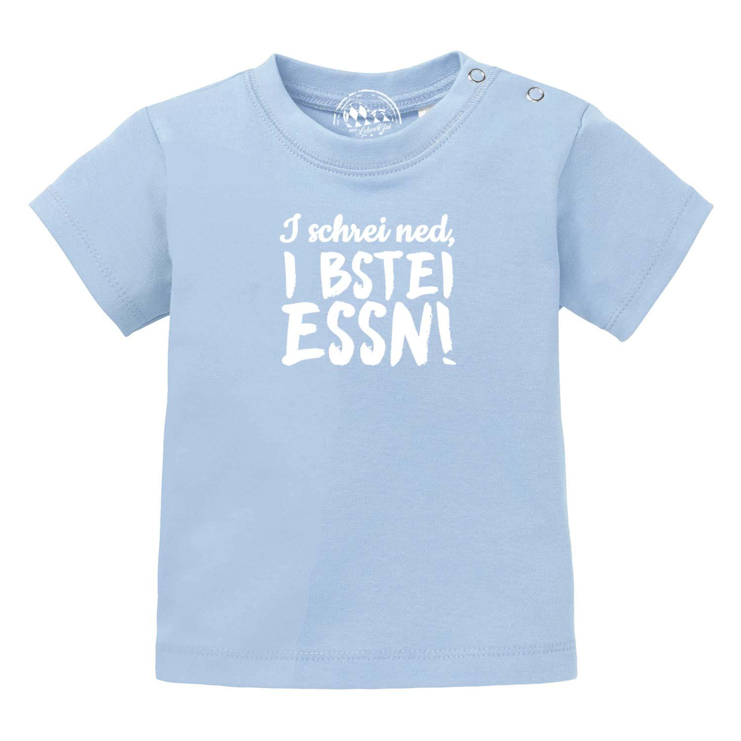 Helles blaues Baby T-Shirt I bstei Essn mit weißem Aufdruck und praktischen Druckknöpfen an der Schulter.
