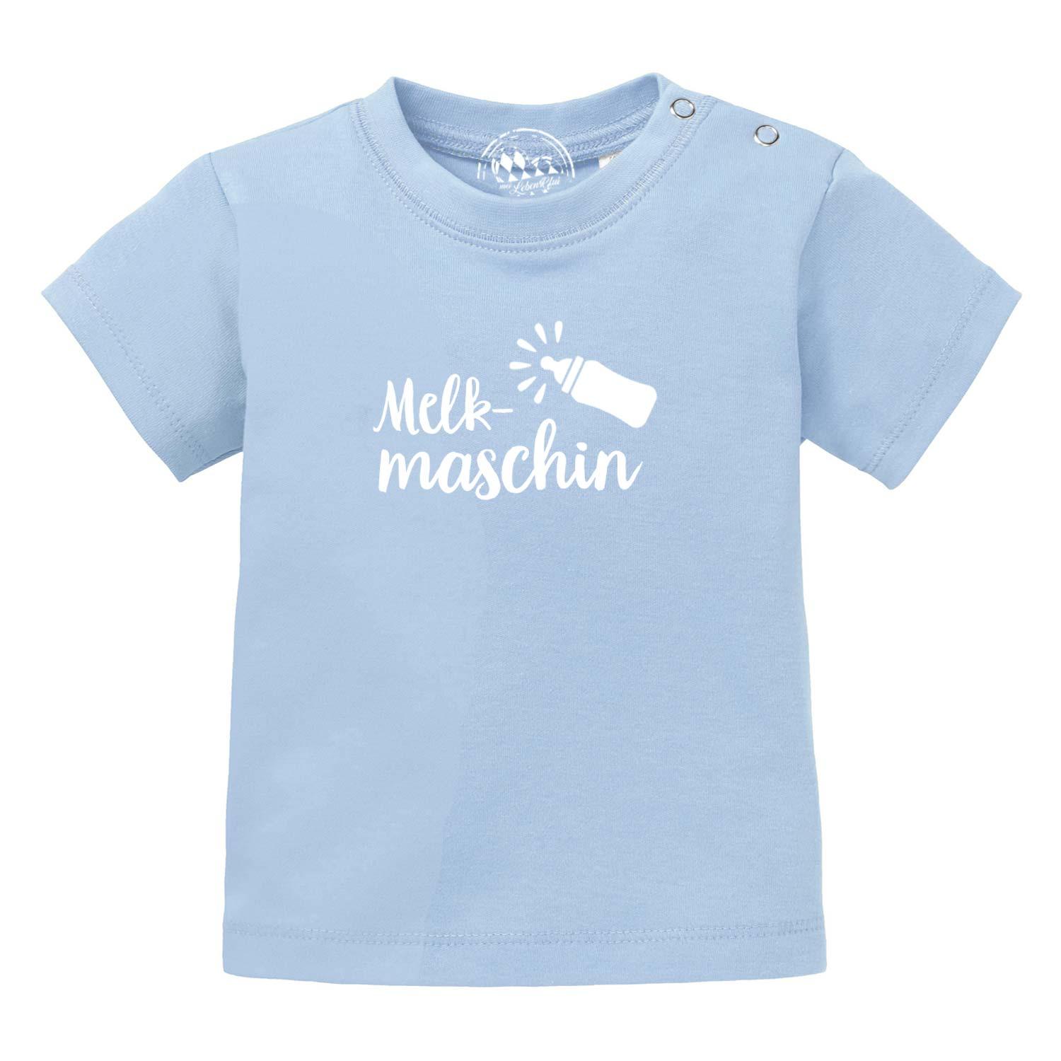 Himmelblaues Baby T-Shirt "Melkmaschin" mit lustigem Spruch und Flaschen-Motiv für Kleinkinder