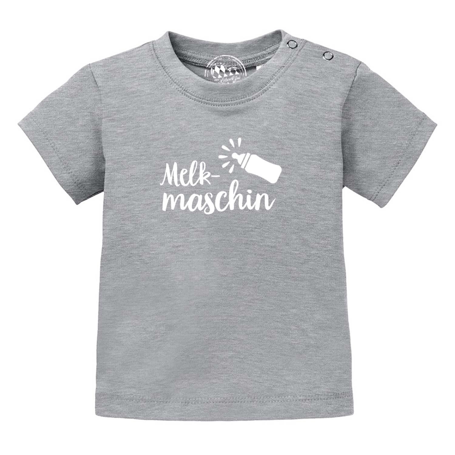 Graues Baby T-Shirt "Melkmaschin" mit weißem Schriftzug und Trinkflaschen-Motiv für Kleinkinder, unisex.