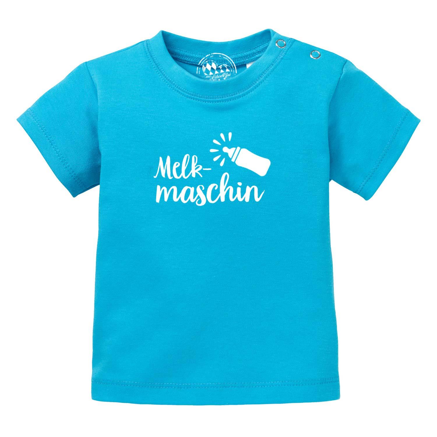 Türkises Baby T-Shirt Melkmaschin mit weißem Aufdruck Babyflasche und Schriftzug Melk-Maschin.