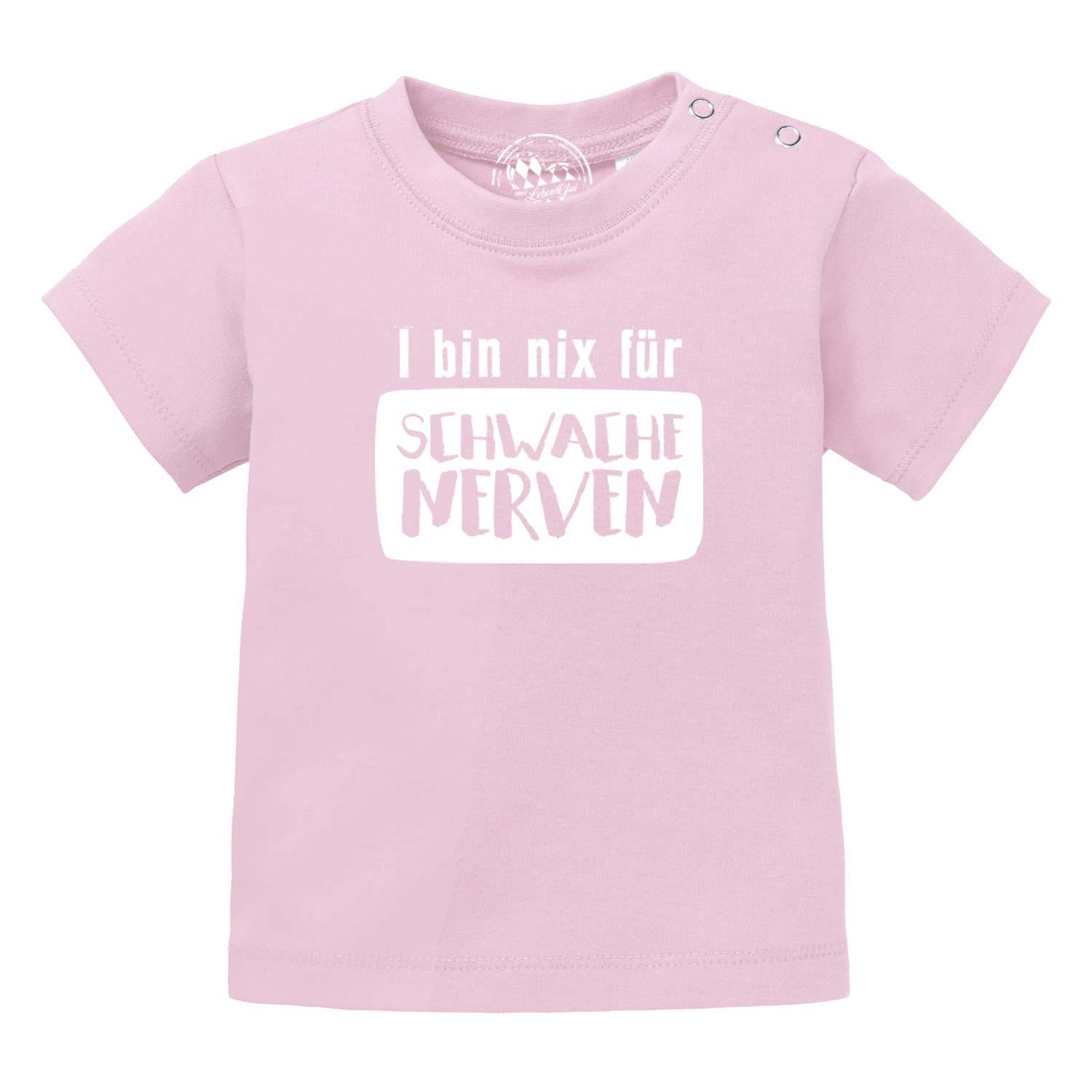 Rosa Baby T-Shirt "nix für schwache Nerven" mit weißem Spruch und praktischen Druckknöpfen.