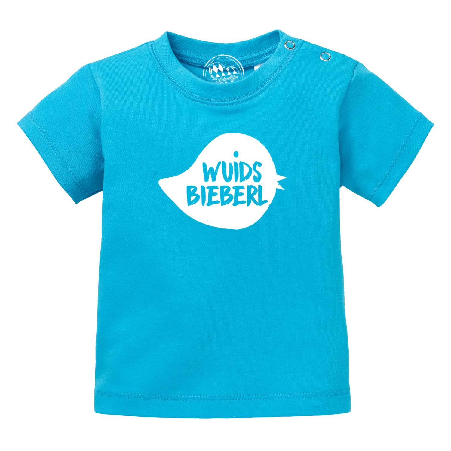 Blaues Baumwoll Baby T-Shirt Wuids Bieberl mit weißem Sprechblasen-Print und Druckknöpfen an der Schulter