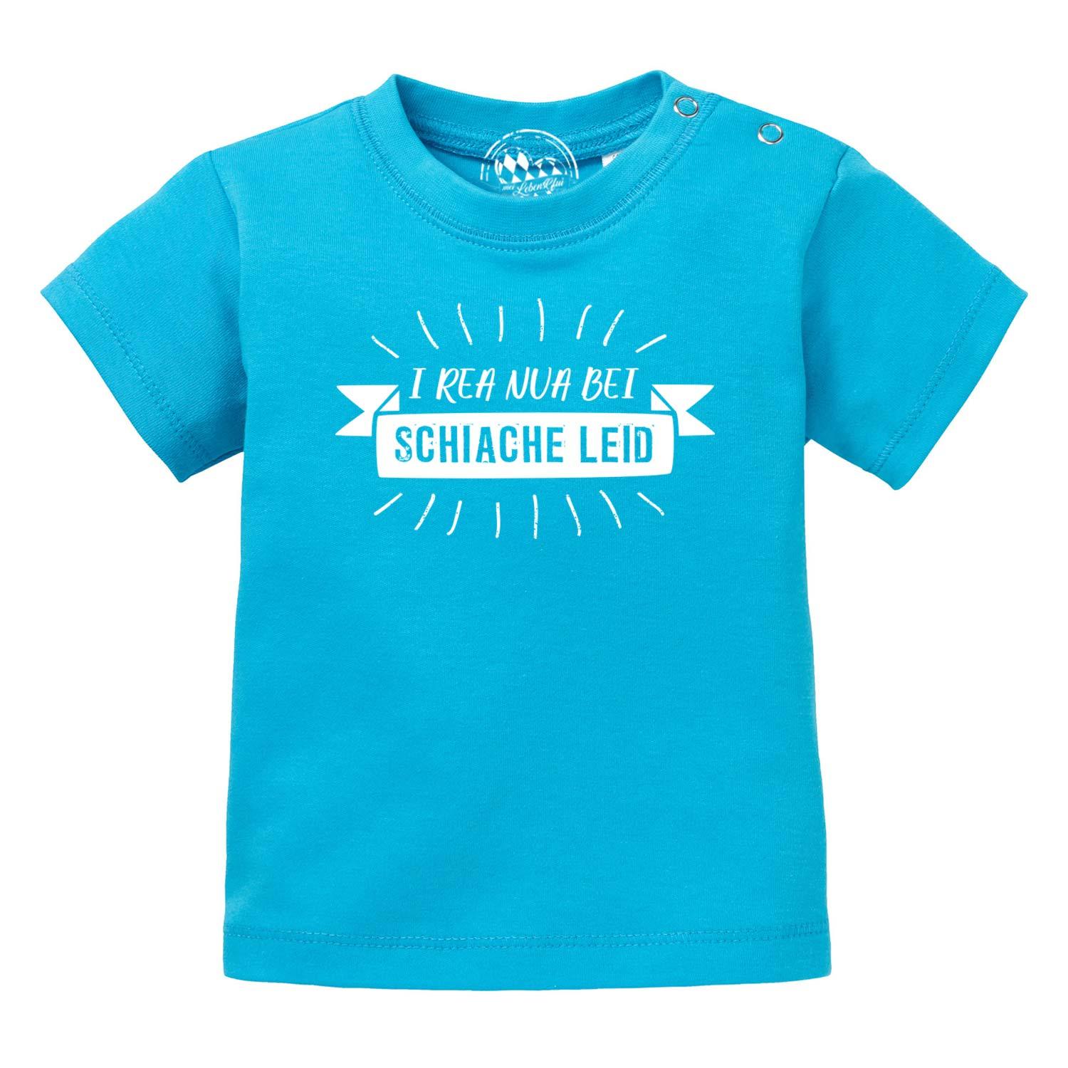 Baby T-Shirt I rea nua in leuchtendem Türkis mit weißem Spruch und praktischen Druckknöpfen.