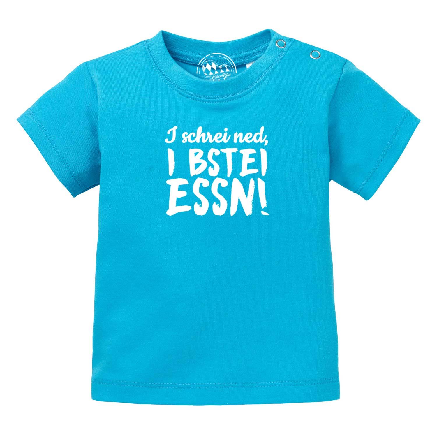 Türkises Baby T-Shirt "I bstei Essn…" mit weißem Spruch und praktischen Druckknöpfen an der Schulter.