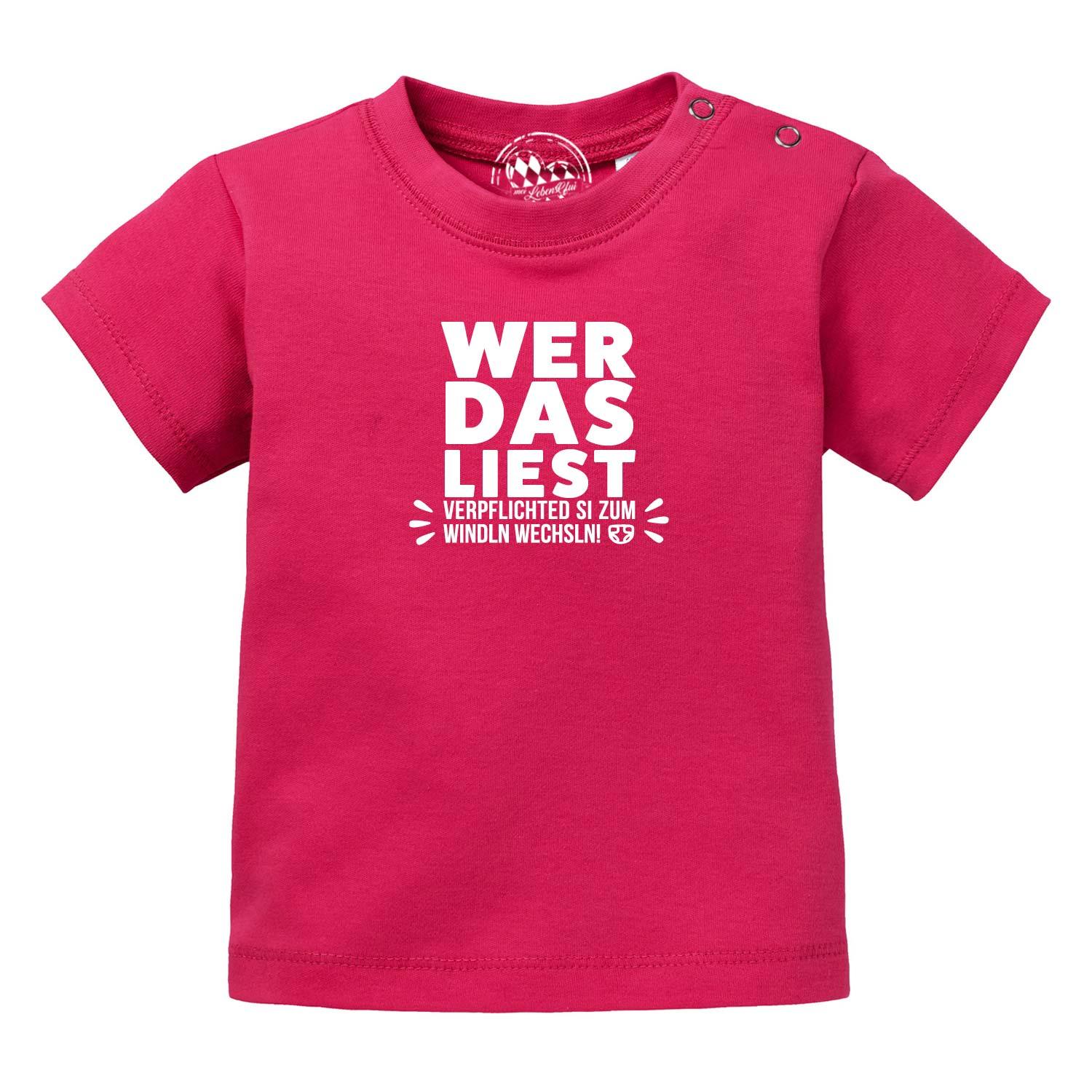 Baby T-Shirt Windln wechsln in leuchtendem Pink mit weißem Schriftzug und Druckknöpfen an der Schulter