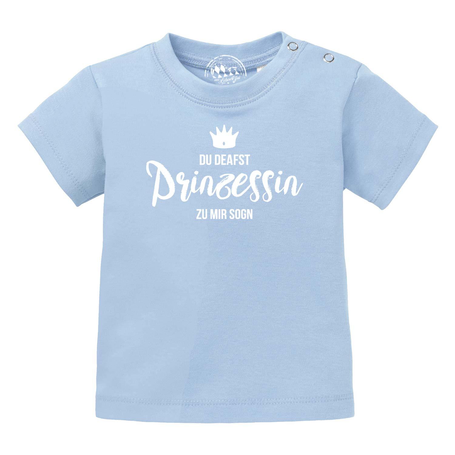 Helles Baby T-Shirt "Prinzessin" in Blau mit weißem Druck Krone und "DU DEAFST Prinzessin ZU MIR SOGN".