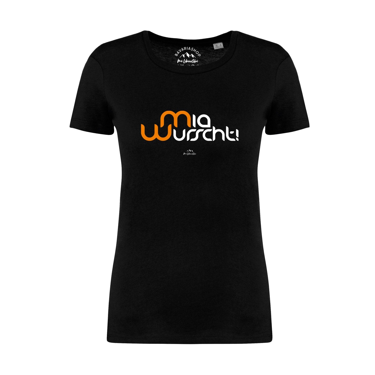 Schwarzes Damen T-Shirt "Mia Wurscht" mit weißem und orangefarbenem Schriftzug, kurzärmlig und figurbetont.