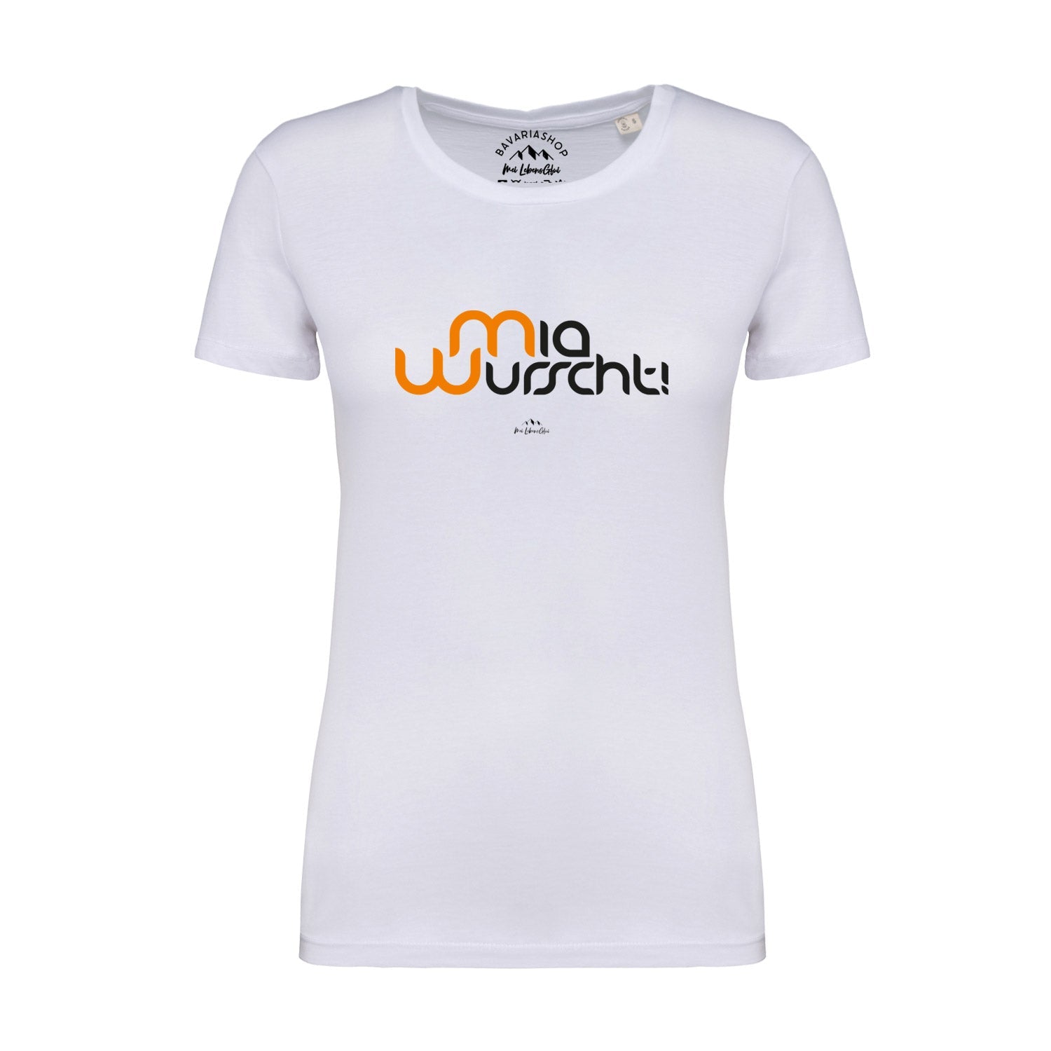 Weißes Damen T-Shirt "Mia Wurscht" mit orange-schwarzem Schriftzug auf der Brust, eng geschnitten.