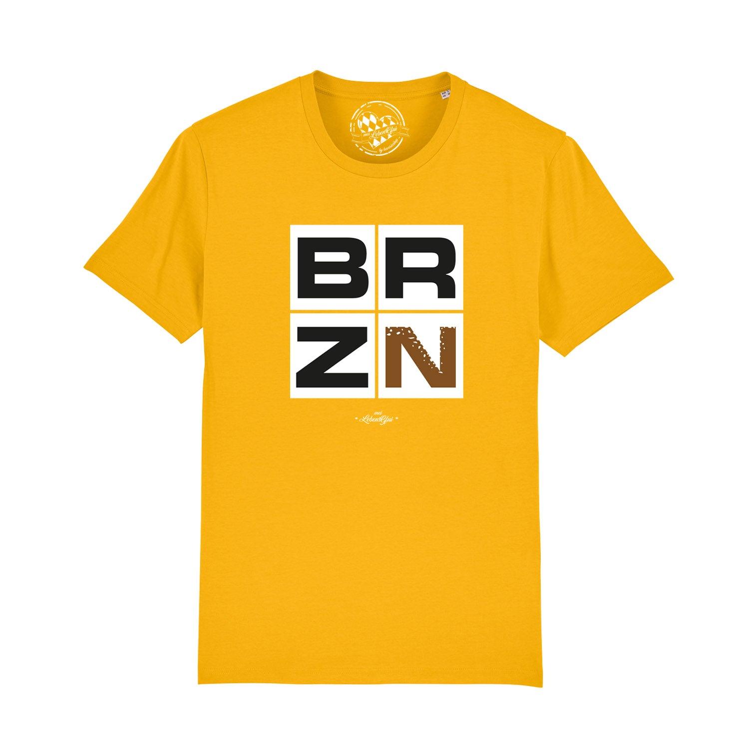 Gelbes Herren T-Shirt BRZN mit großem schwarzen und braunen Blockschriftzug auf der Brust.