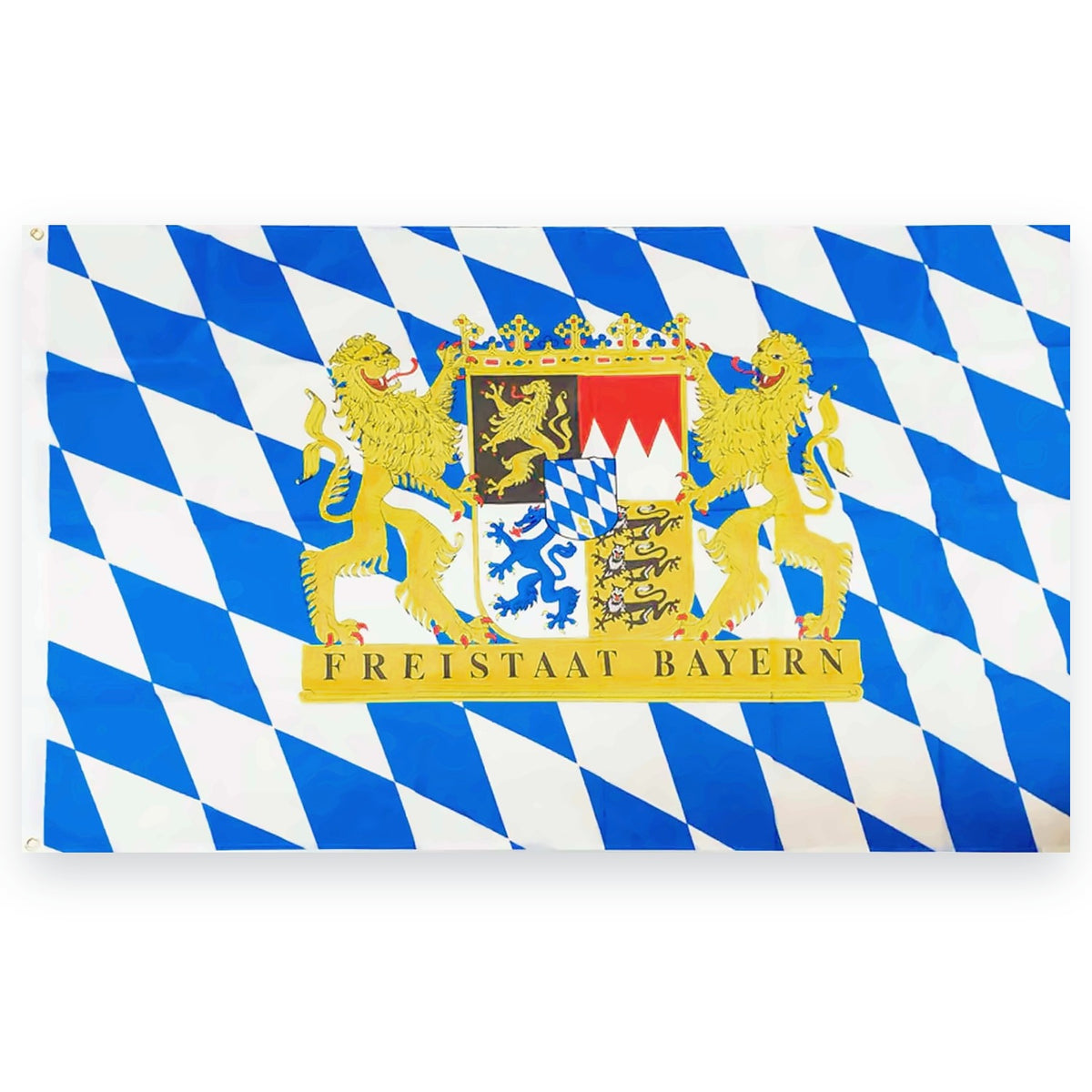 Bayern Flagge mit Löwen und Rauten, 90 × 150 cm: weiß-blaue Rautenfahne mit großem Staatswappen in Gold, Schriftzug „Freistaat Bayern“ und zwei Metallösen an der Hissseite