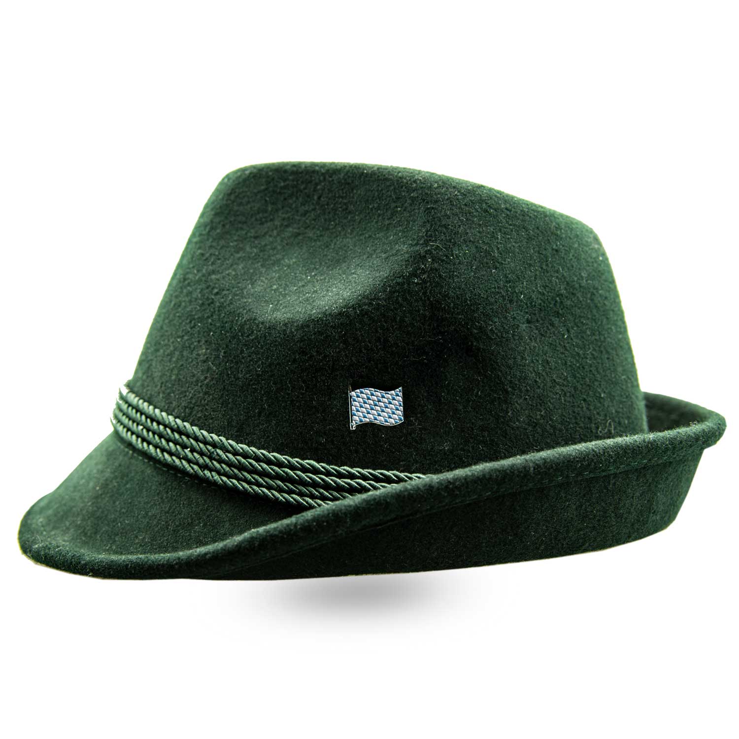Grüne Filz-Trachtenhut mit Kordel und Pin Fahne Bayern, bayerisches Rautenmuster.