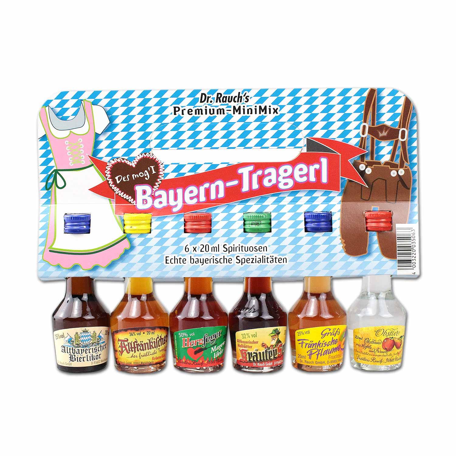 Set mit 6 kleinen Schnapsflaschen in Glas, enthält bayerische Liköre und Obstler in klarer und dunkler Farbe.