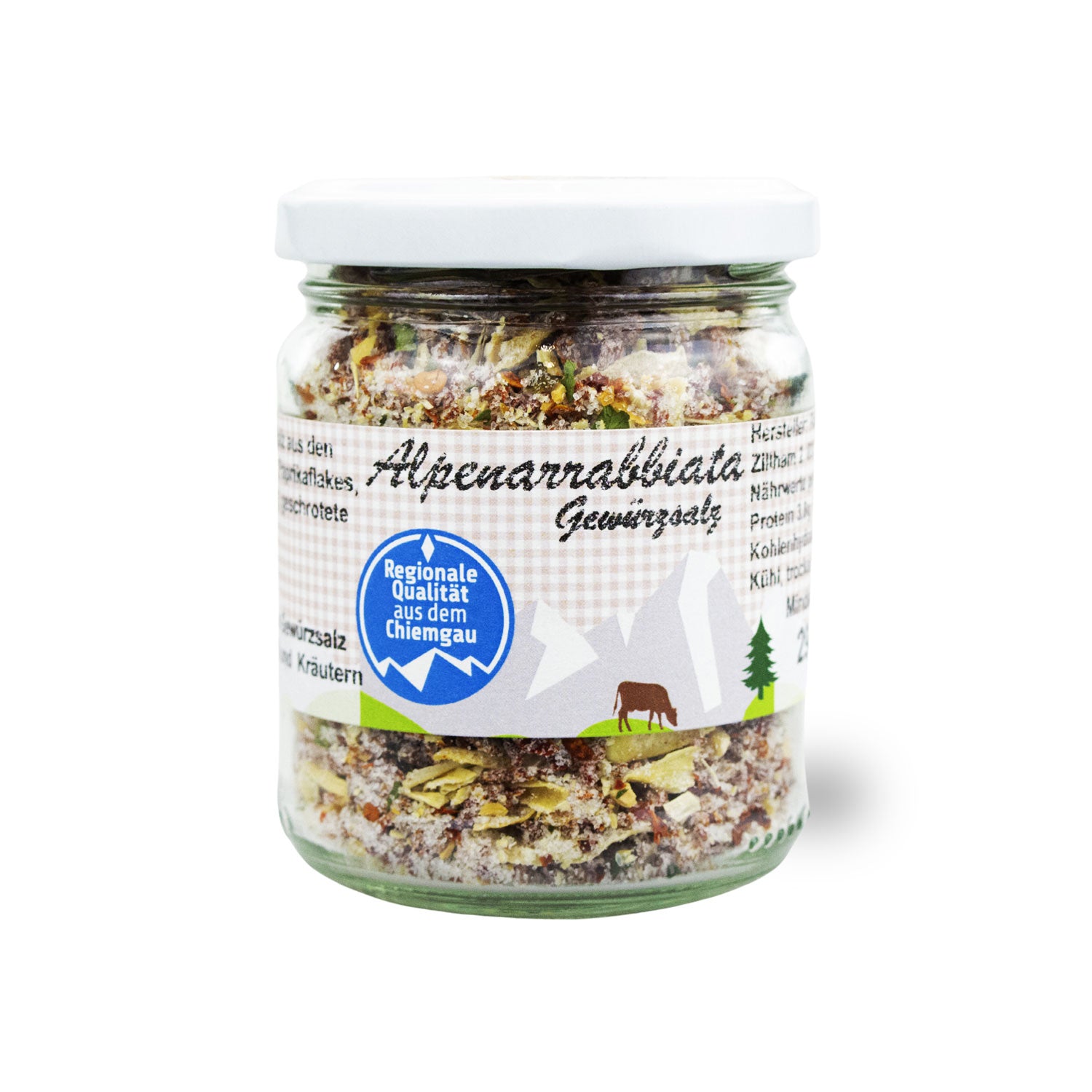 Bayrisches Gewürzsalz mit roten und grünen Kräutern, grober Struktur, sichtbar scharf, Inhalt: 300 g.