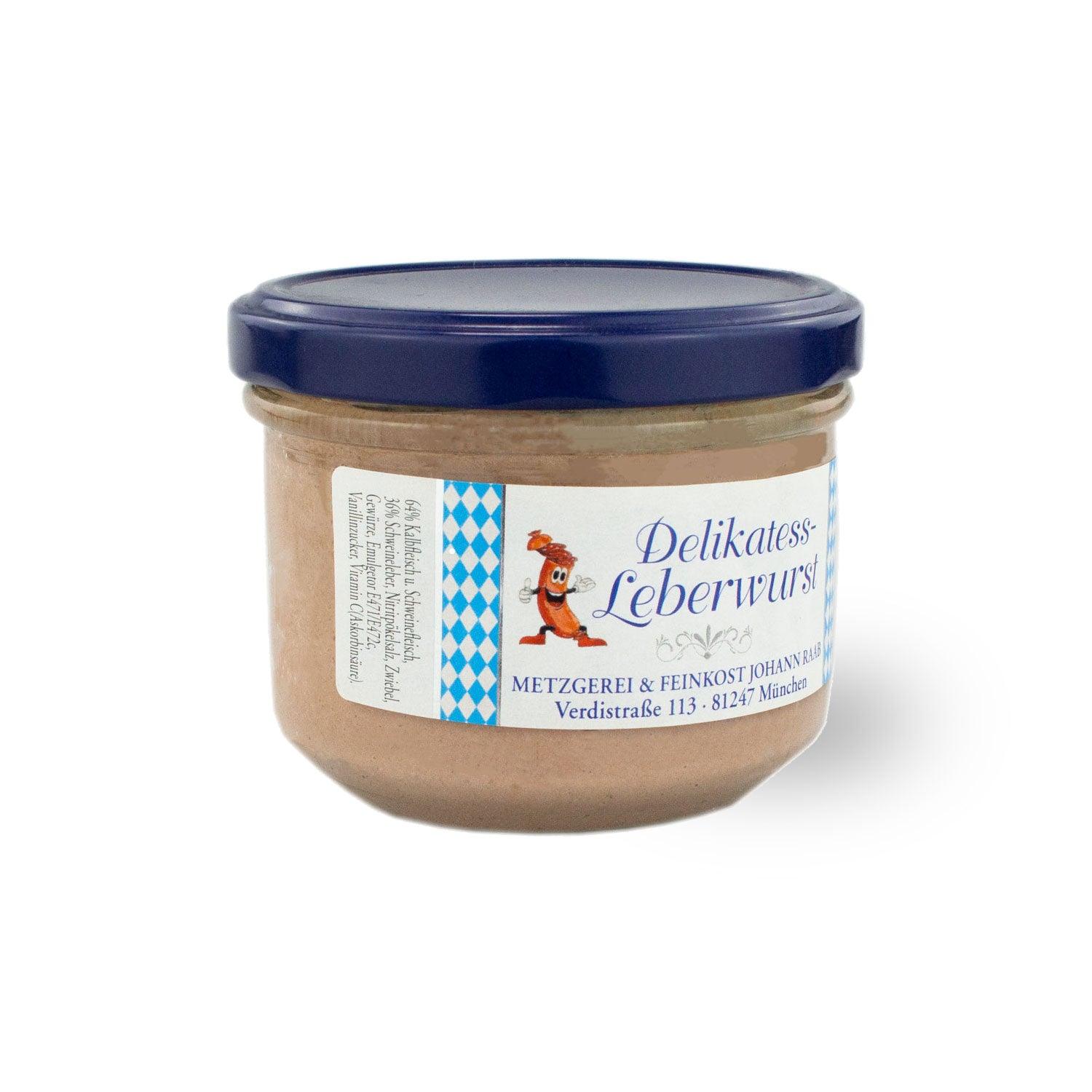 Fein cremige bayerische Leberwurst im Glas, goldbeige Farbe, streichzart, traditionell zubereitet, 200 g.