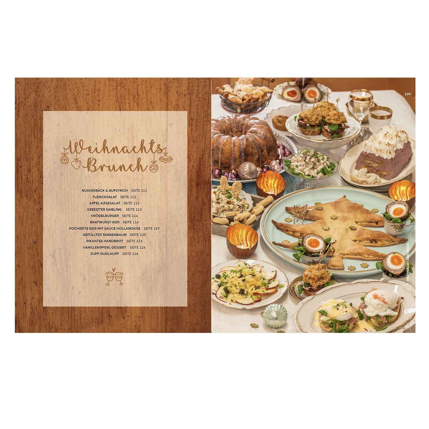 Hardcover-Buch mit dem Titel „Bayrische Lieblingsrezepte für Weihnachten“, ca. 19 × 24 cm, mit Weihnachtsmotiven.