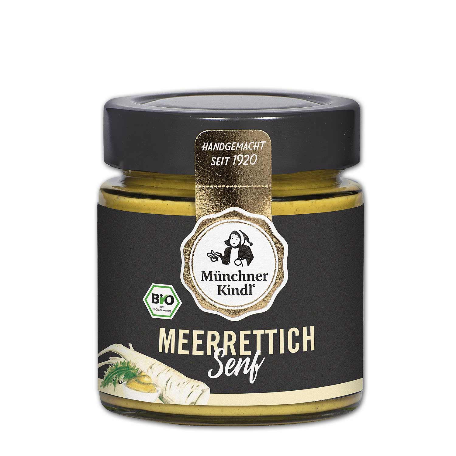 Kräftiger, mittelscharfer Bio-Senf mit Meerrettich, cremige Textur, goldgelbe Farbe, 125 ml Glas, laktose- und glutenfrei.
