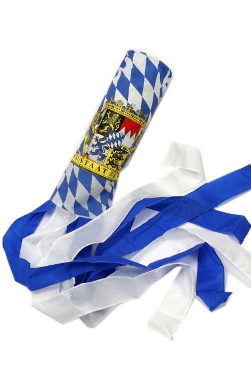Blau-weißer Windsack im traditionellen Rautenmuster mit bayrischem Wappen und Löwenmotiv aus wetterfestem Stoff.
