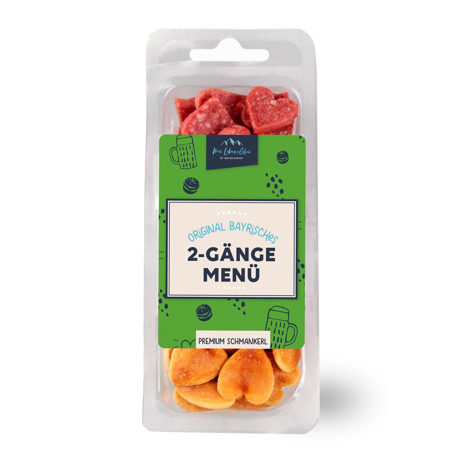 Bayrisches 2-Gänge-Menü mit knusprigem Salzgebäck und herzförmigen Mini-Salamis, 50 g, in Geschenkverpackung.