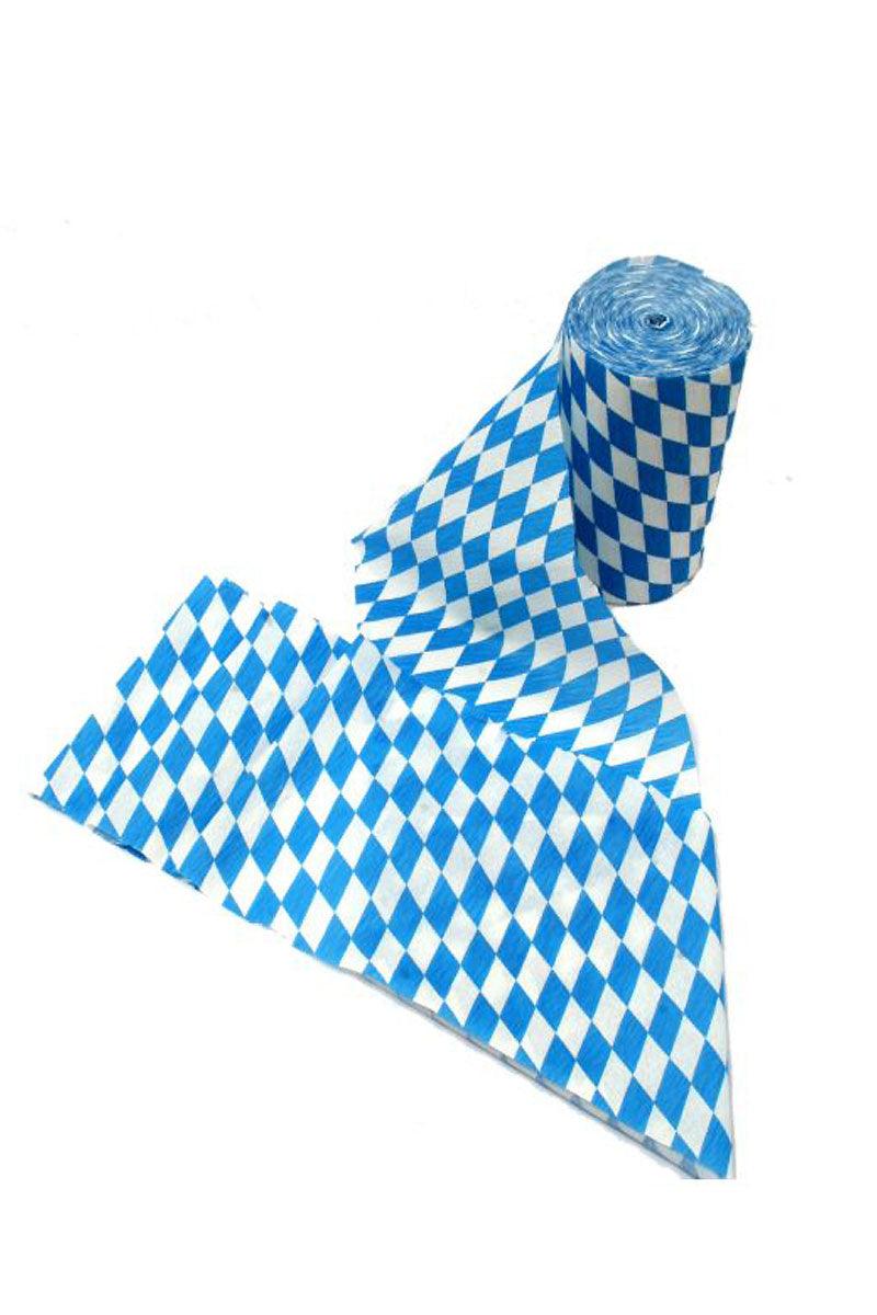 Blau-weißes Krepppapier mit traditionellem Rautenmuster in Rollenform aus Papier zur Dekoration.