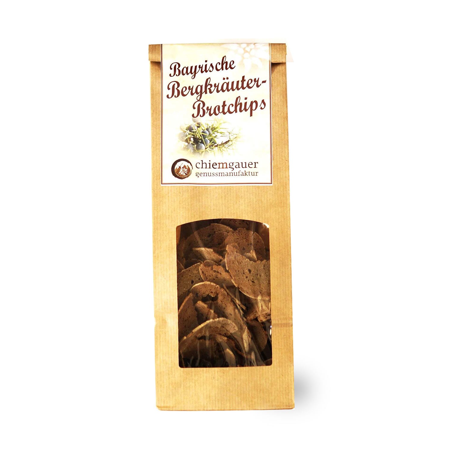 Knusprige Brotchips aus Natursauerteig mit sichtbaren Kräutern, unregelmäßiger Form und goldbrauner Oberfläche.