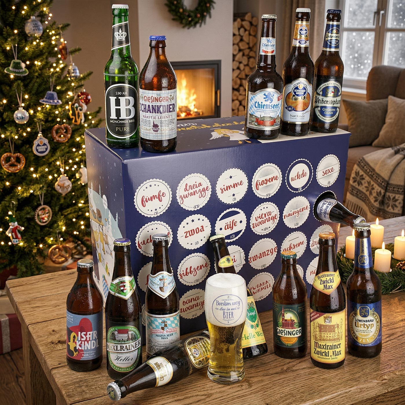 Adventskalender mit zwanzig bayerischen Biersorten und festlichem Weihnachtsbaum im Hintergrund.
