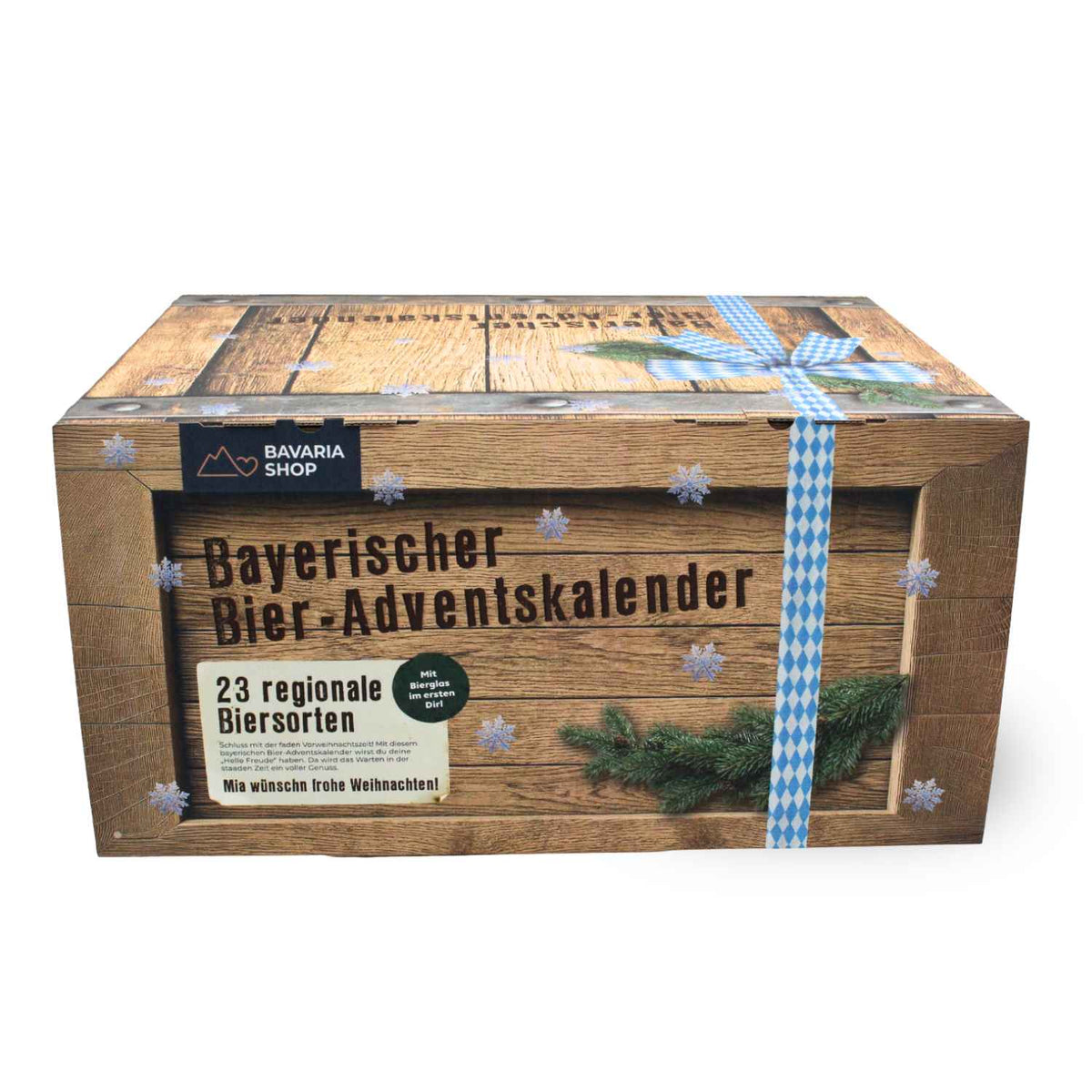 Bayerischer Bier-Adventskalender in rustikaler Holzkistenoptik mit blau-weißem Band und 23 regionalen Biersorten.