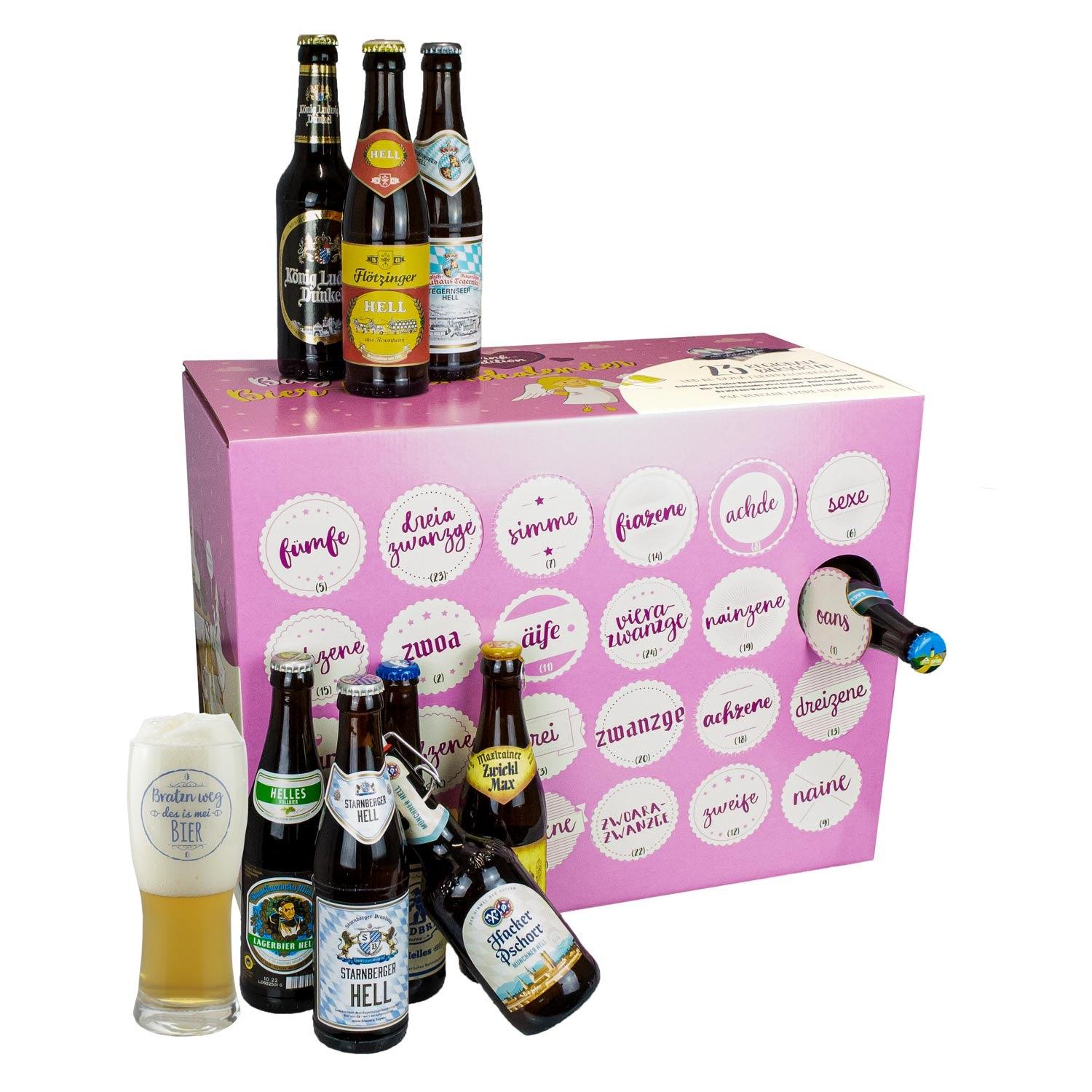 Bier Adventskalender mit 23 bayerischen Biersorten und Verkostungsglas in dekorativ bedruckter Box.