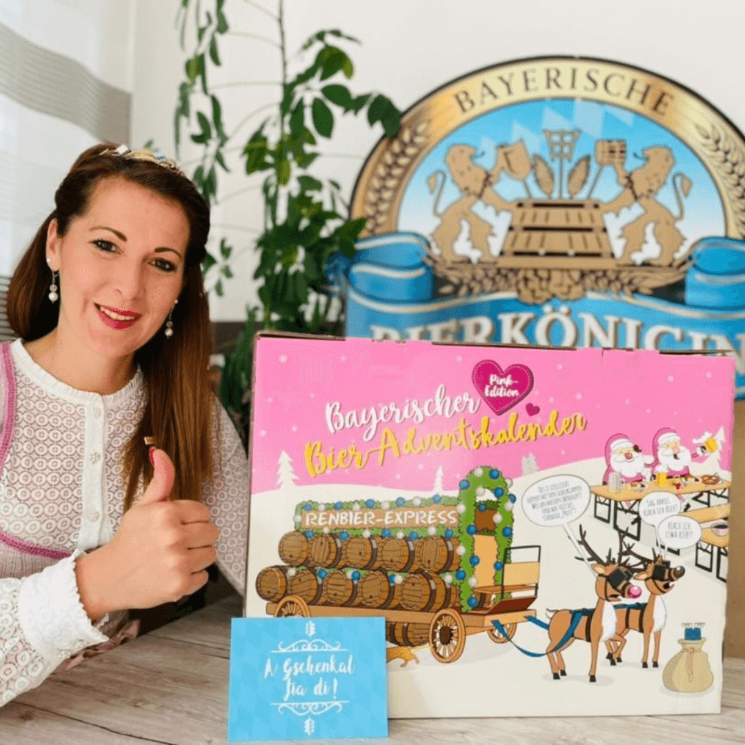 Bier Adventskalender mit 23 bayerischen Biersorten und Verkostungsglas, in pinkfarbener Box mit Zahlenmotiv.