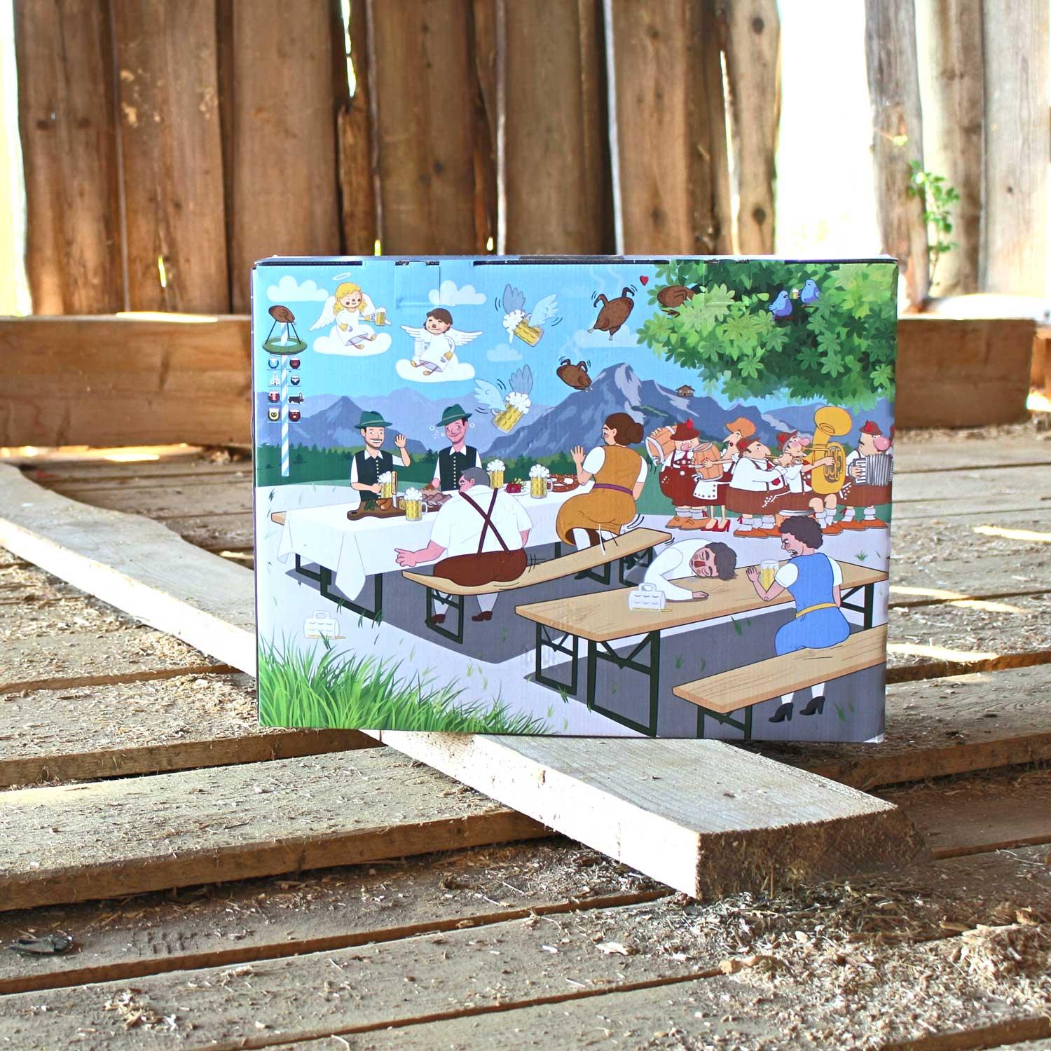 Bier-Box mit 23 bayerischen Biersorten à 0,33 l und Bierglas mit Aufdruck „Bratzn weg“, als Tasting-Set.