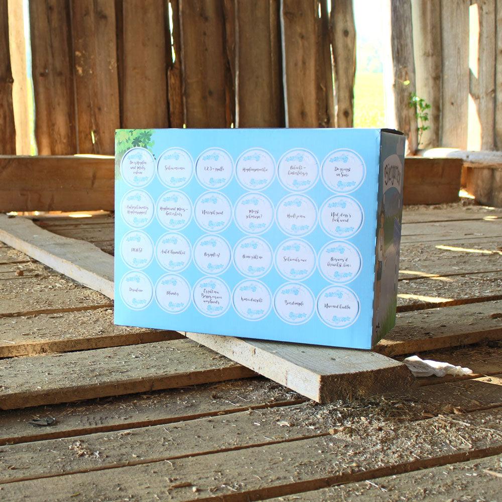 Bierbox mit 23 bayerischen Bieren in Glasflaschen und einem Bierglas mit Aufdruck „Bratzn weg“, 7,59 L Gesamtvolumen.