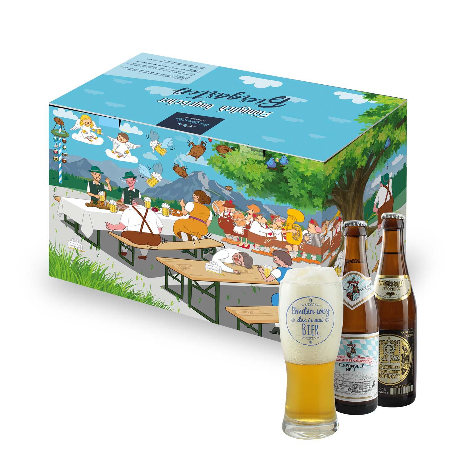 Geschenkbox mit 23 bayerischen Bieren à 0,33 l und Glas mit Aufdruck „Bratzn weg“, sortierte Bierstile.