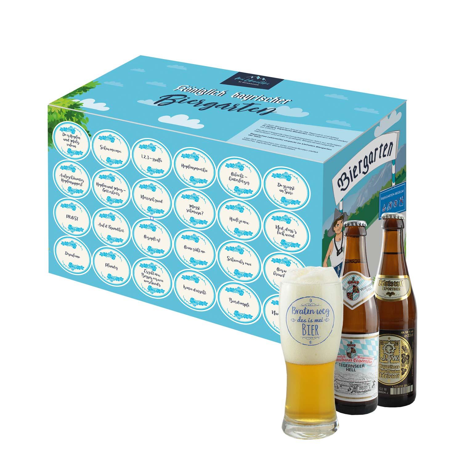 Geschenkbox mit 23 bayerischen Bieren à 0,33 l und Bierglas mit Aufdruck „Bratzn weg“ im Tasting-Set.