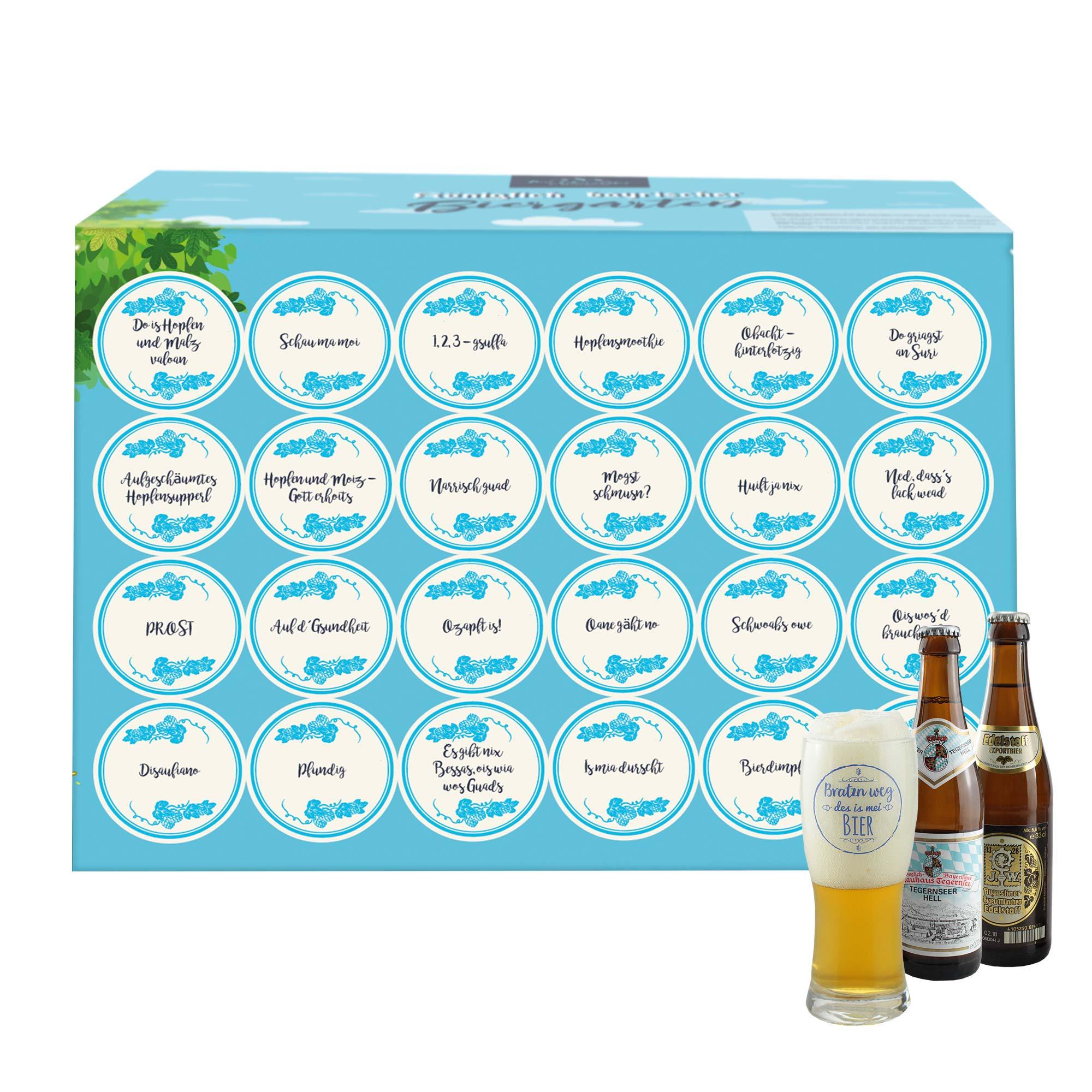 Geschenkbox mit 23 bayerischen Bieren à 0,33 l und Bierglas mit Aufdruck „Bratzn weg“, Sorten-Mix von Hell bis Weißbier.