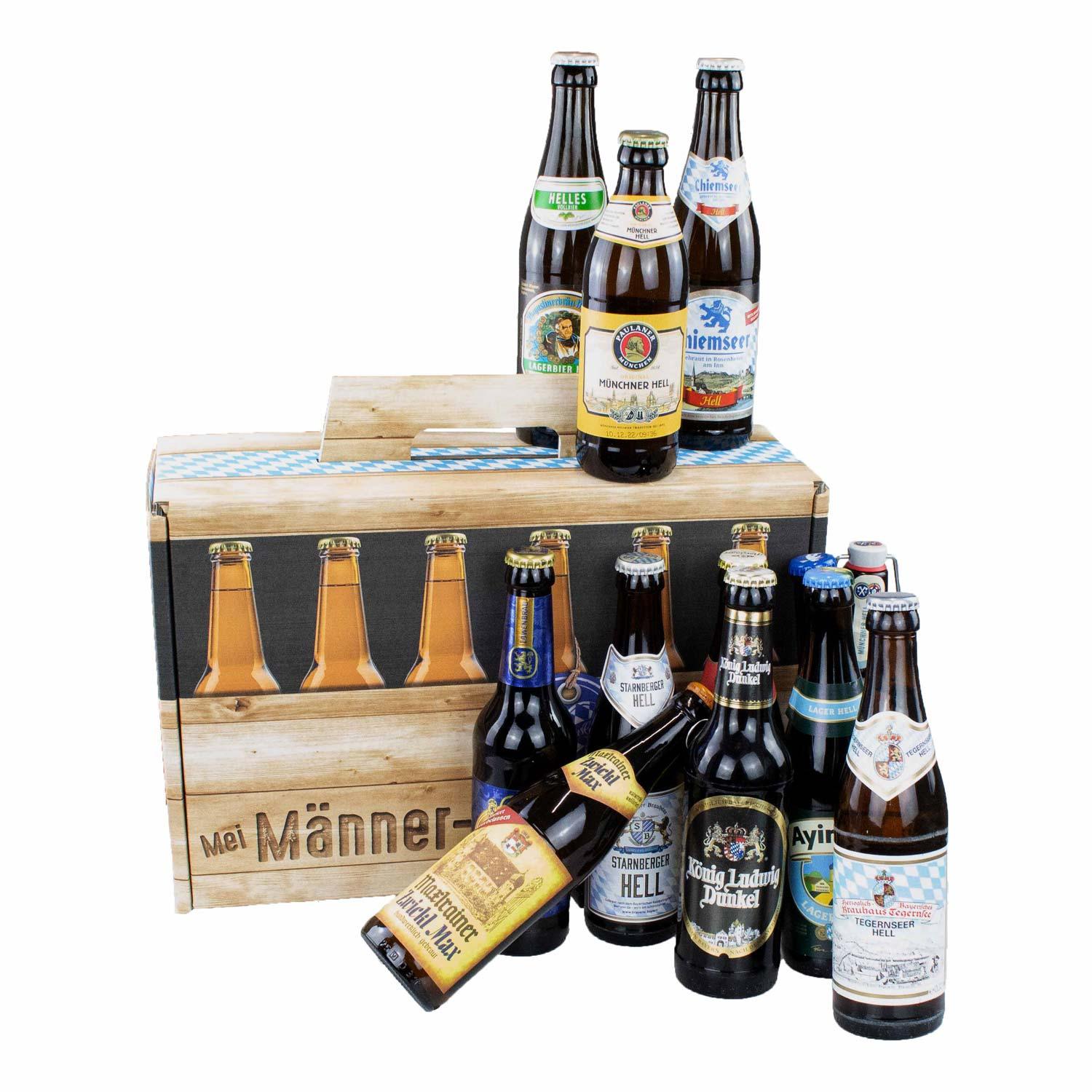 Bier-Geschenkbox mit 12 bayerischen Bieren in 0,33 l-Flaschen, braune Tragebox in Lederoptik mit bayerischem Schriftzug.