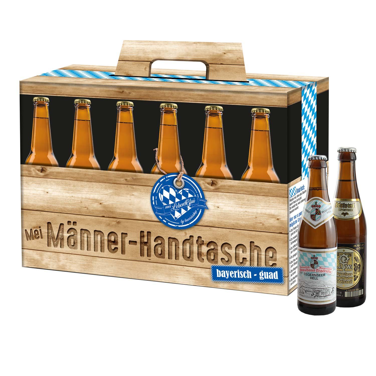 Bier-Geschenkset mit 12 bayerischen Bieren in 0,33 l-Flaschen, in brauner Kartonbox mit Henkel und Aufdruck „Männer-Handtasche“.