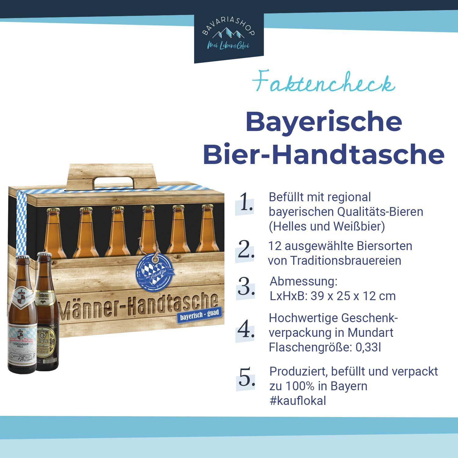 Bier-Geschenk Männerhandtasche mit bayerischer Flagge und Bierflaschen. Fakten zur Herkunft.