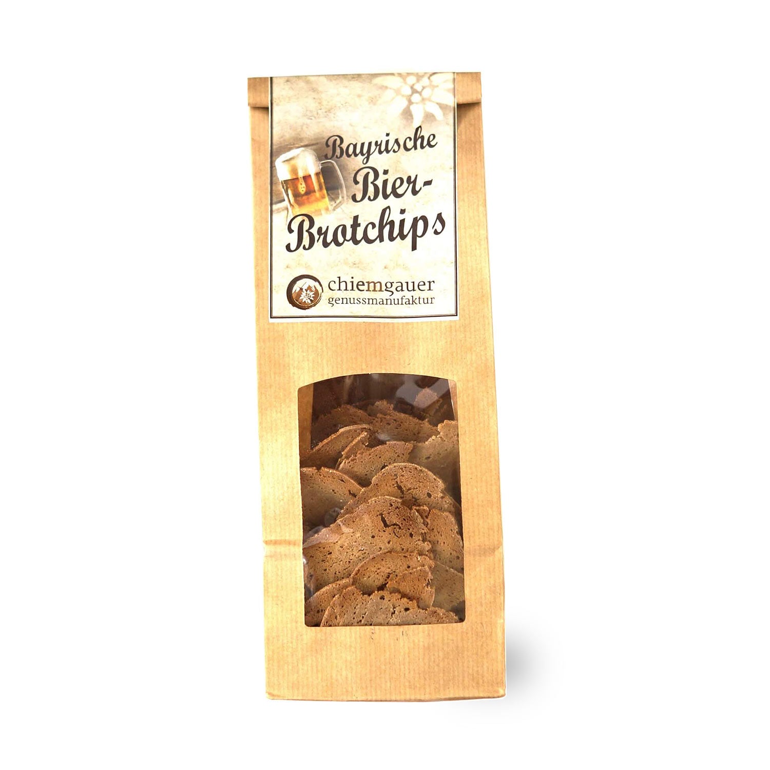 Knusprige Bier-Brotchips aus Natursauerteigbrot mit Bier und Biersalz, runde Form, goldbraun geröstet, 100 g.